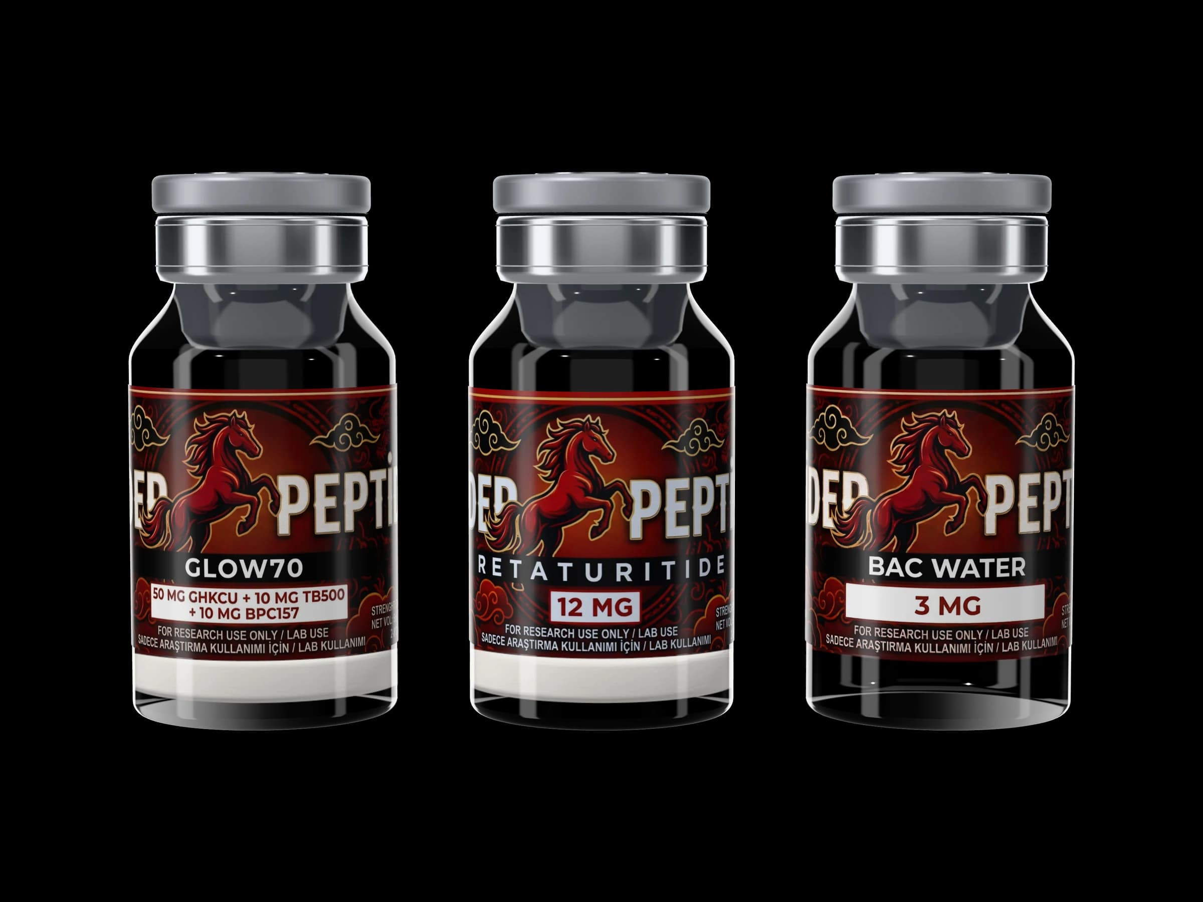 GLOW70, Retatrutide 12 mg ve BAC Water flakonları